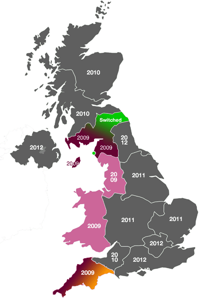 Image: map of the UK showing switchover dates